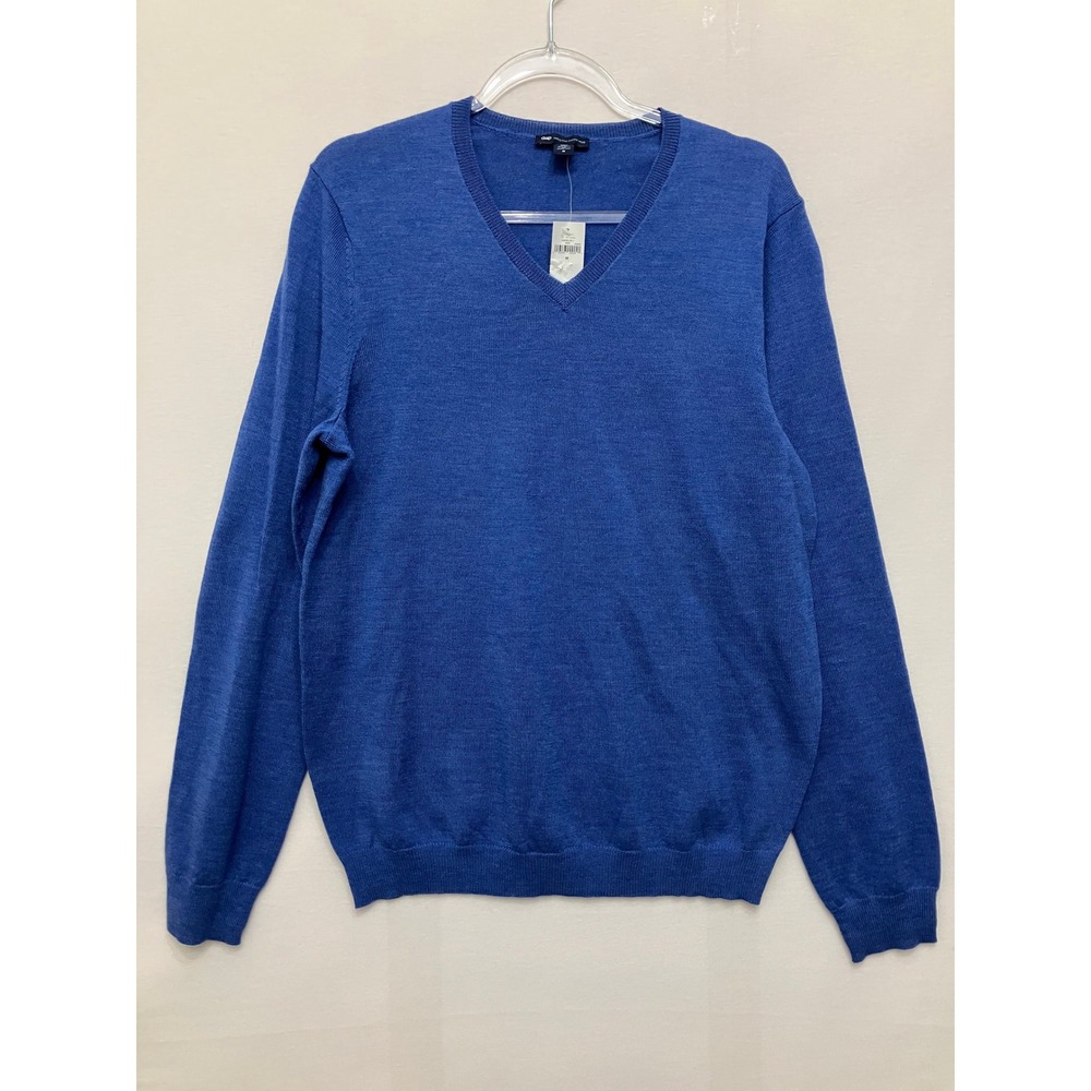New Gap V-Neck Sweater Medium Blue Extra Fine Merino Wool Pullover Preppy